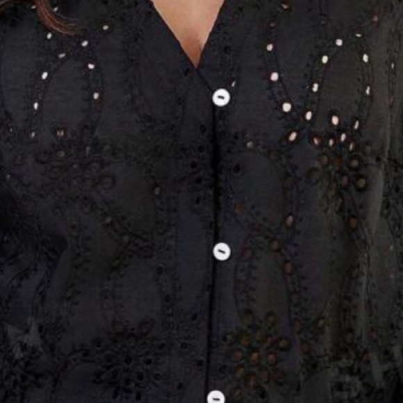 Boho Plus Size Embroidered Hollow Out Frilled Top Blouse Button Up Shirt Black - Picture 13 of 13
